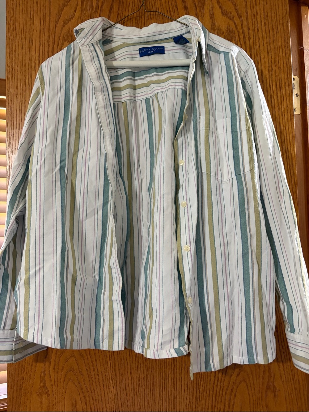 Karen Scott Striped Button-Down Shirt - White with Blue & Olive Stripes